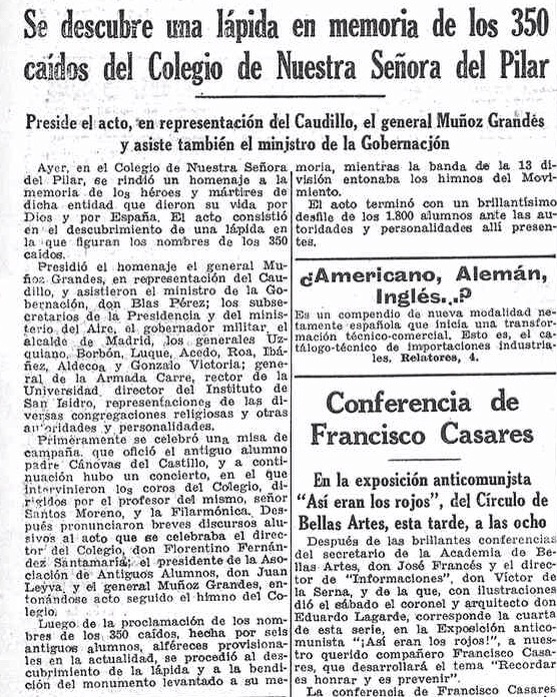 Reseña del acto de inauguración del monumento a los caídos. Hoja del Lunes del 14 de junio de 1943.