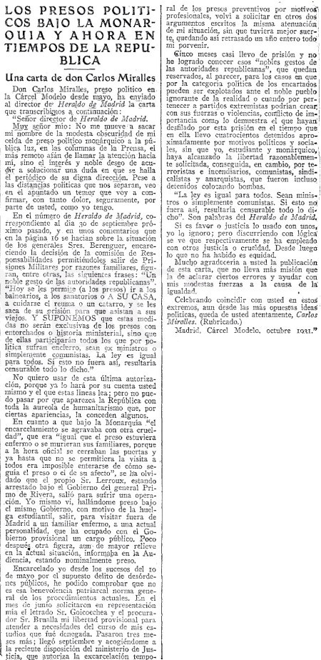 Carta de Carlos Miralles al director del Heraldo de Madrid. Página 26, ABC del 9 de Octubre de 1931.