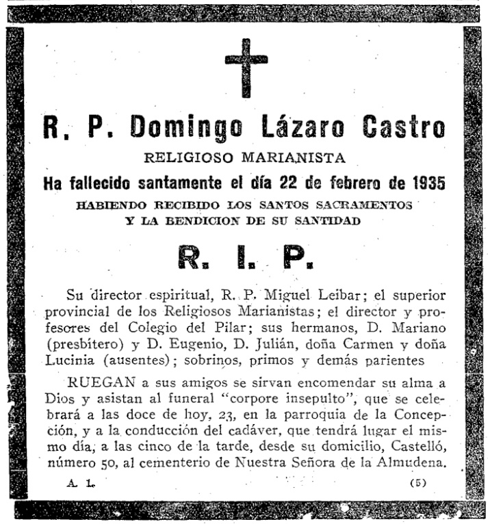 Esquela del P. Domingo Lázaro aparecida en el ABC del 23 de Febrero de 1935. Fuente: Hemeroteca del ABC.