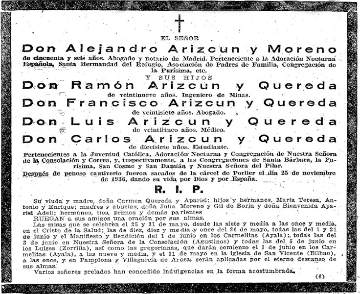 Esquela de la familia Arizcun aparecida el 25 de Mayo de 1939 en el ABC. Fuente: Hemeroteca ABC.