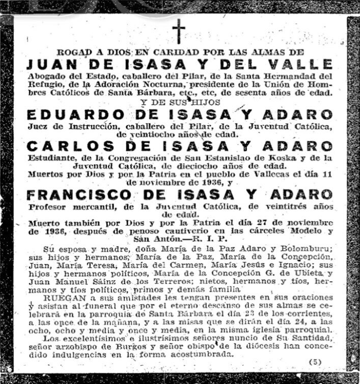 Esquela de la familia Isasa-Adaro del ABC del 21 de Junio de 1939. Fuente: Hemeroteca ABC.