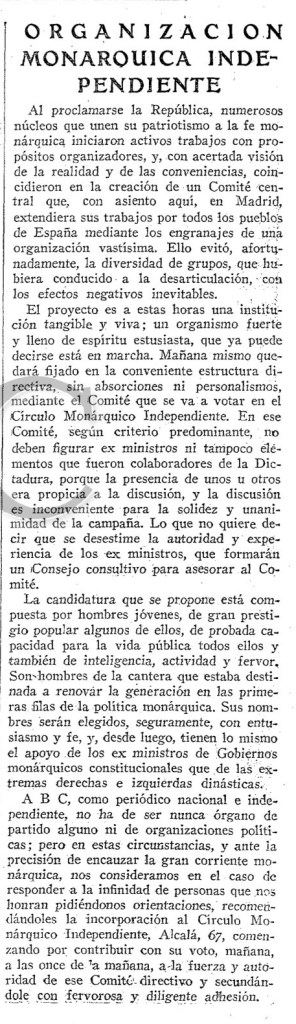 Convocatoria a la sesión fundacional del Círculo Monárquico Independiente. Tercera de ABC del 9 de Mayo de 1931. Fuente: Hemeroteca del ABC.