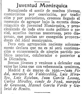 Manifiesto fundacional de Juventud Monárquica. ABC de Sevilla 6-3-1930. Fuente: Hemeroteca de ABC.