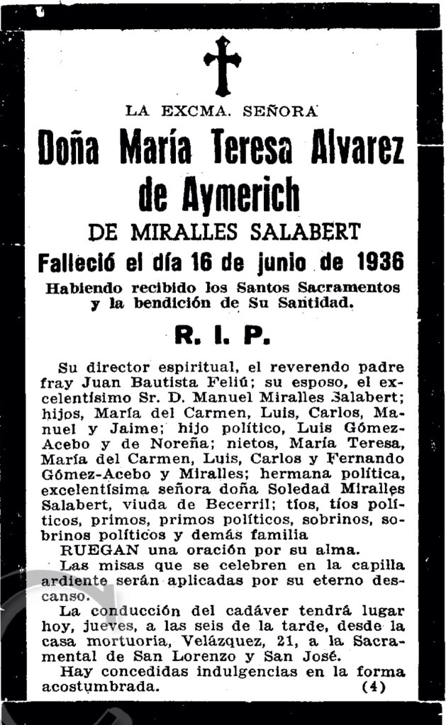 Esquela de Dña. María Teresa Álvarez de Aymerich, madre de los hermanos Miralles. ABC del 18 de Junio de 1936. Fuente: Hemeroteca de ABC.