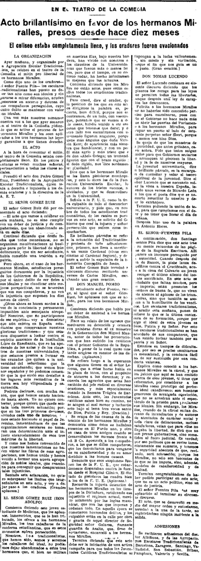 Acto en favor de los hermanos Miralles. "El siglo futuro", 22 de Febrero de 1932. Fuente: Hemeroteca de la BNE.