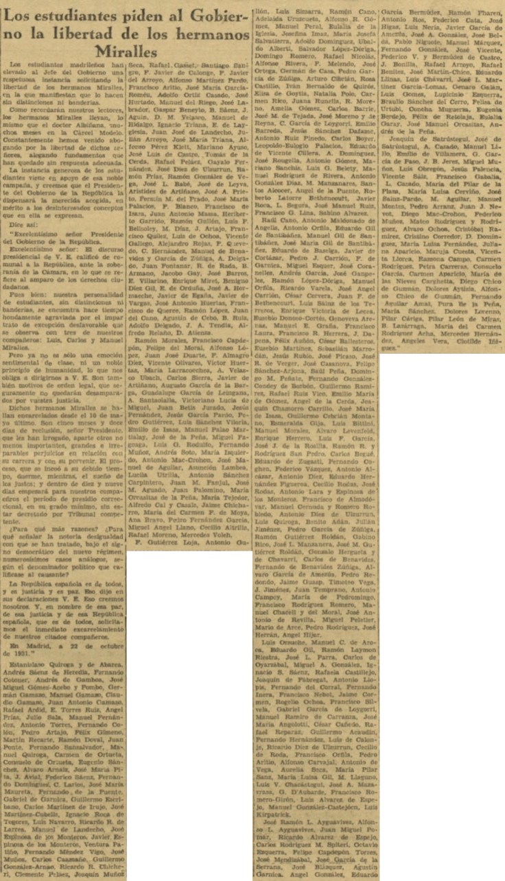 Carta de los estudiantes al presidente del Gobierno de la República pidiendo la liberación de los hermanos Miralles. La Nación del 22 de Octubre de 1931. Fuente: Hemeroteca de la BNE.