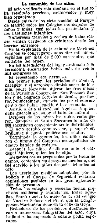 Congreso Eucarístico Internacional. La Correspondencia Militar del 28 de Junio de 1911. Fuente: Hemeroteca de la BNE.
