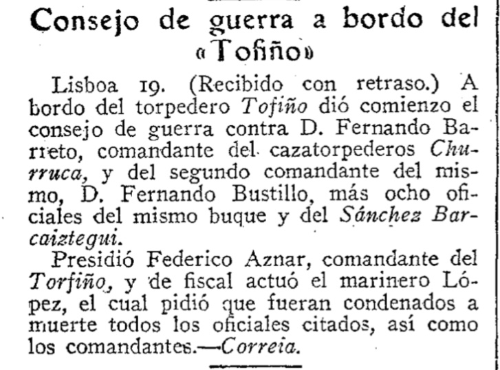 Reseña del Juicio a los oficiales del Sánchez Barcáiztegui. ABC de Sevilla del 25 de Agosto de 1936. (Fuente: Hemeroteca ABC).