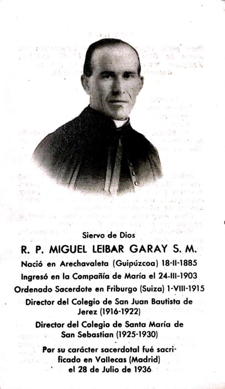 Estampa dedicada al Beato Miguel Léibar Garay, S.M.