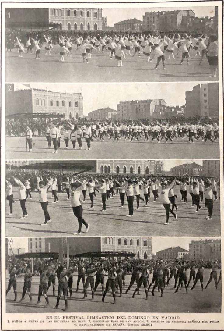 Blanco y Negro de 23 de Abril de 1916. De arriba a abajo: Niños de las Escuelas Aguirre, Escuelas de San Antón, Nuestra Señora del Pilar y Exploradores de España.