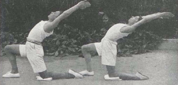 Igual ejercicio que en el grabado anterior, pero de mayor intensidad; posición de rodilla en tierra.