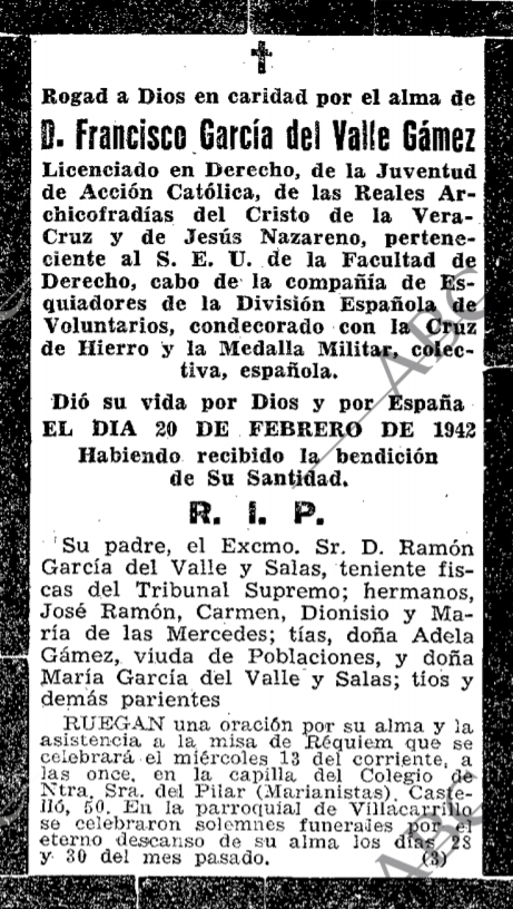 Esquela de Francisco García del Valle Gámez. (Fuente ABC del 10-V-1942).