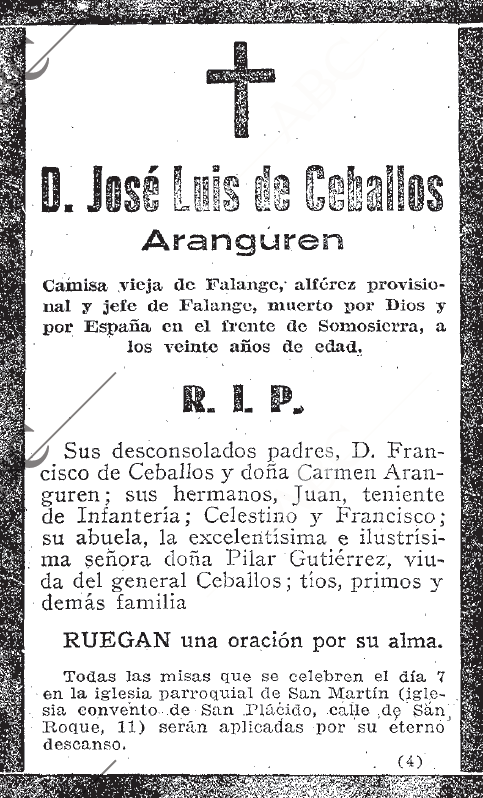 Esquela de José Luis de Ceballos Aranguren. (Fuente: Hemeroteca ABC del 4-VI-1939).