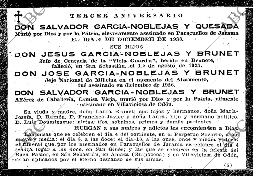Esquela de los hermanos García-Noblejas publicada en el ABC del 3-XII-1939.