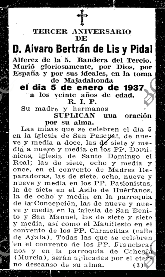 Esquela de Álvaro Bertrán de Lis y Pidal. (Fuente:Hemeroteca del ABC del 4-I-1940).