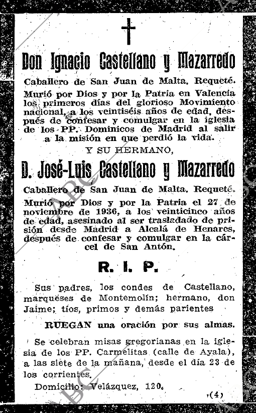 Esquela de los hermanos Mazarredo. (Fuente: Hemeroteca ABC del 25-IV-1939).