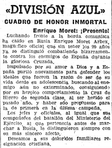 Necrológica de Enrique Moret Arbex. La Vanguardia del 2-IV-1943. Fuente: Hemeroteca de La Vanguardia.