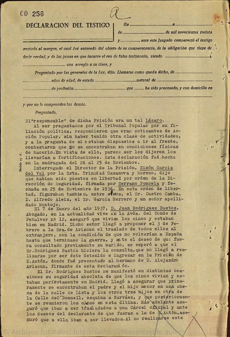 Declaración de José Arizcun Moreno para la Causa General. Legajo 1511, Exp. 3º, Folio 257.