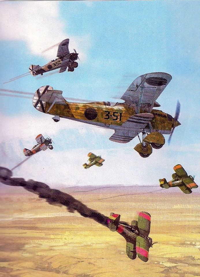 Combate aéreo entre aviones Fiat CR-32 nacionales y Polikarpov I-15 republicanos.
