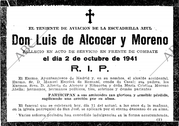 Esquela de Luis Alcocer More en el ABC del 11-X-1941.