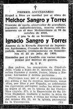 Esquela de Melchor e Ignacio Sangro Torres. ABC del 27-X-1939.
