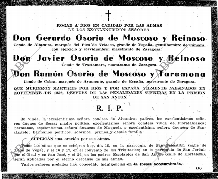 Esquela de los hermanos Osorio de Moscoso.