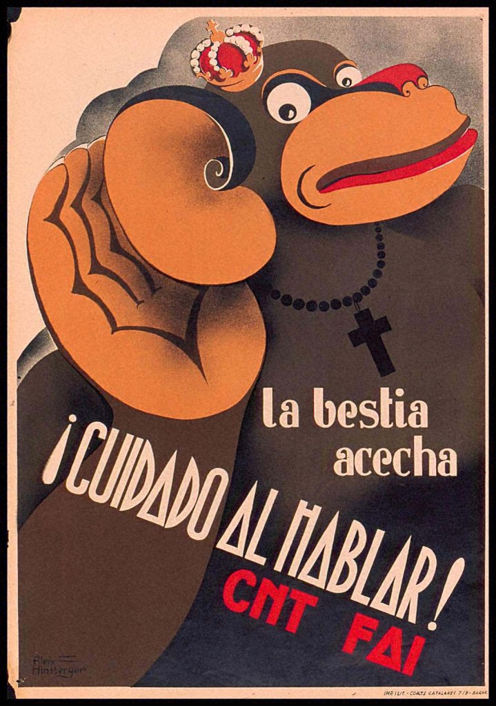 Cartel de la CNT-FAI alertando de la Quinta Columna.