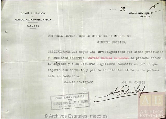 Documento del PNV, que salvo la vida a Javier García-Noblejas en el juicio. Seguramente confeccionado o falsificado por algún miembro de la Quinta Columna.
