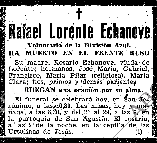 Esquela de Rafael Lorente Echánove publicada en el ABC el 19-V-1943.
