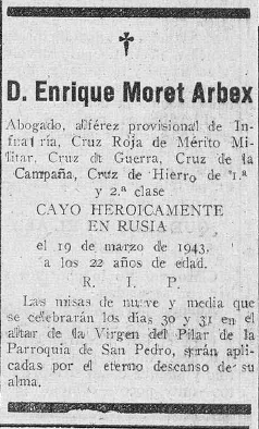 Esquela por Enrique Arbex en el Pensamiento Alavés del 29-III-1943. Fuente: Hemeroteca Digital de la Prensa Histórica.