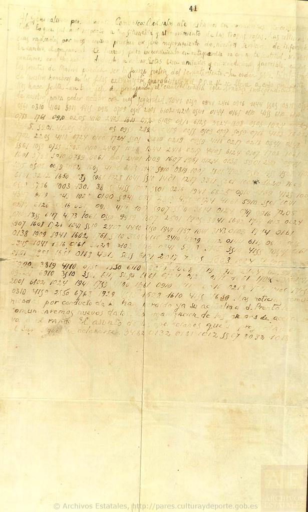 Parte trasera del plano incautado a Javier Fernández Golfín en el que se muestra el mensaje oculto y texto cifrado de autor desconocido. Fuente: Archivo Histórico Nacional.