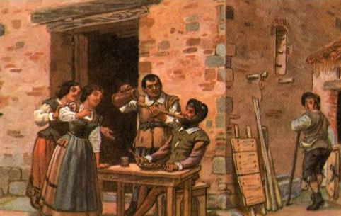 Escena de Don Quijote en la venta.