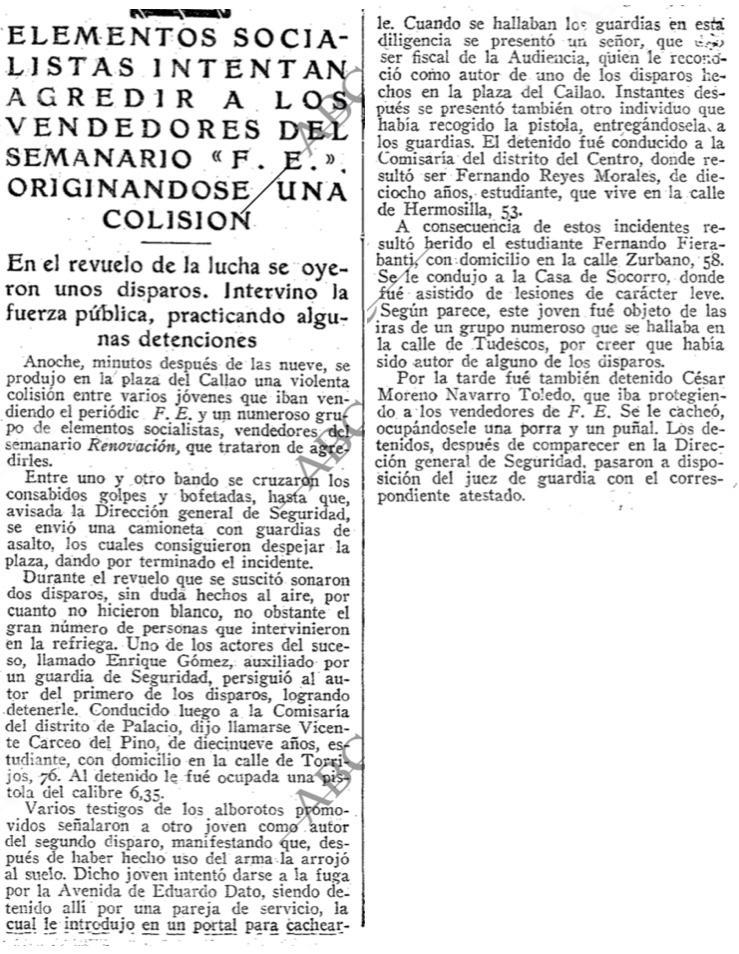 Detención de los falangistas Vicente Gaceo (promoción de 1931) y de Fernando Reyes (promoción de 1933). ABC del 23-II-1934.