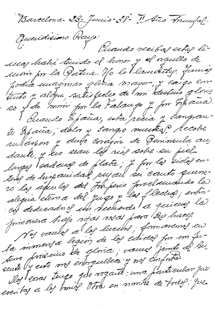 Carta de los condenados por la organización Golfín Corujo a Raimundo Fernández Cuesta.