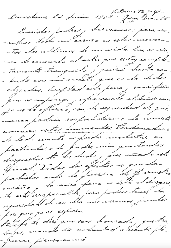 Carta de despedida de Javier Fernández-Golfín a su familia. Cortesía de la familia Fernández-Golfín.