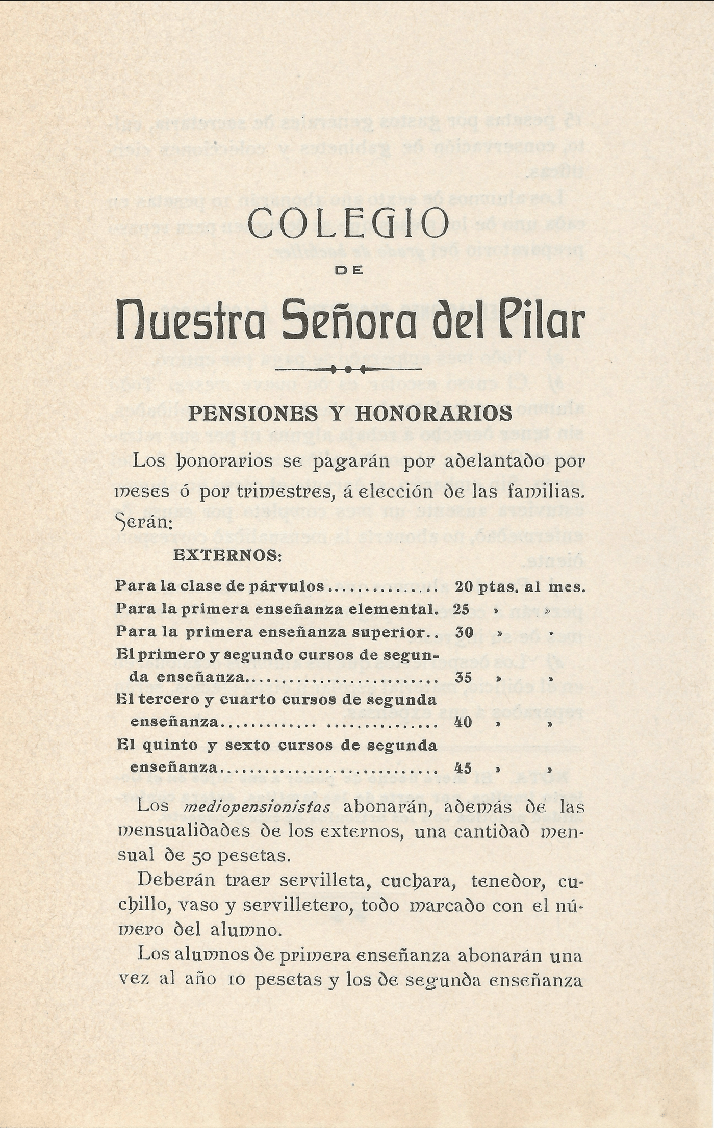 Honorarios del colegio en 1914